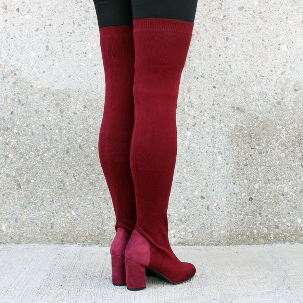 Burgundy Over the Knee Women's Sock Boots - Picture 2 of 5